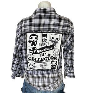 Funko Pop Collector Plaid Flannel Shirt Medium Oversize Upcycle Unique DC Comics